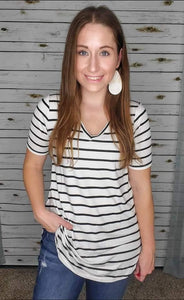 White/Black Stripe Vneck Everyday Tee