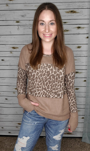 Ultra Soft Mocha Leopard Colorblock Thumbhole Sweater