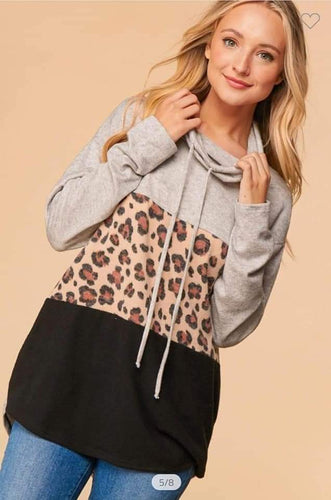 Black Leopard Grey Colorblock Cashmere Feel Cowlneck Top