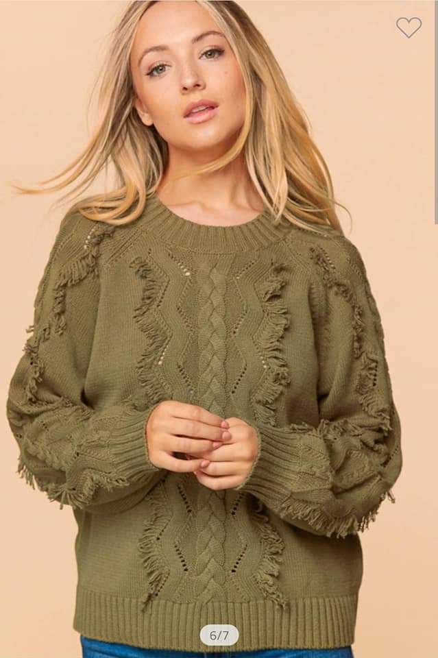 Soft Olive Braided Fringe Sweater