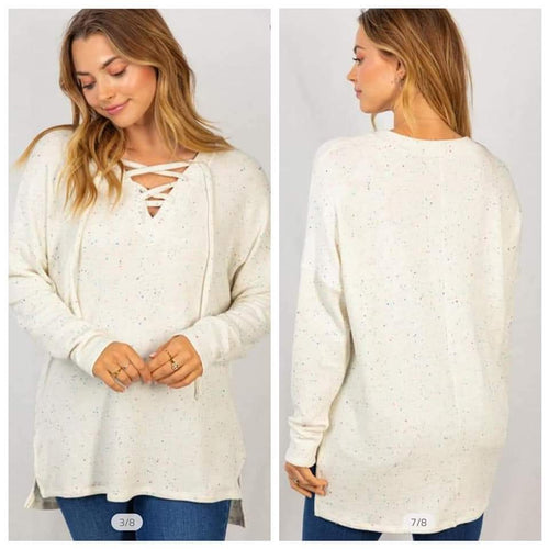 Ivory Confetti Lace up Vneck Soft Pullover