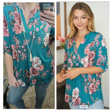 Load image into Gallery viewer, Teal Green Floral Blouse
