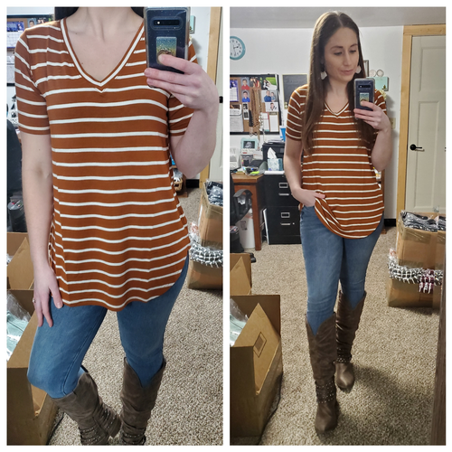 Almond Brown Stripe Luxe Vneck Everyday Tee