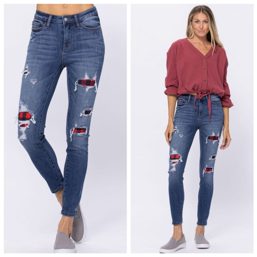 Judy Blue Mid Rise Buffalo Plaid Patch Skinny Jeans