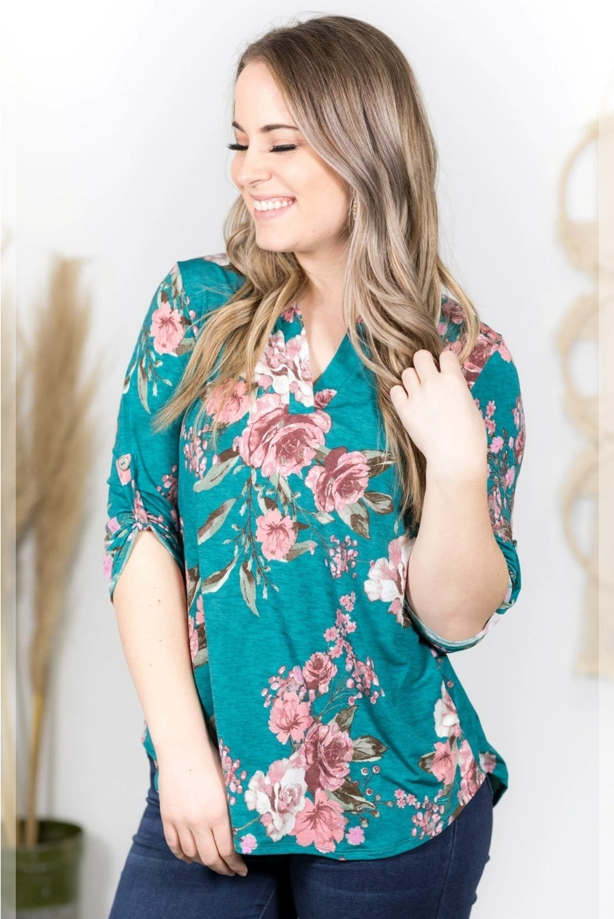 Teal Green Floral Blouse